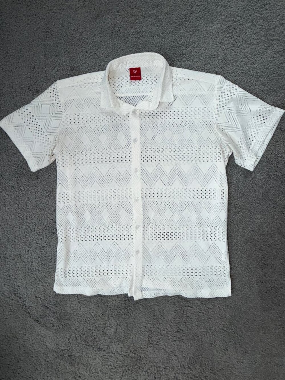 Suslo Couture Red Collection Knit/Crochet Sheer Short-Sleeve Button-up - Men's M